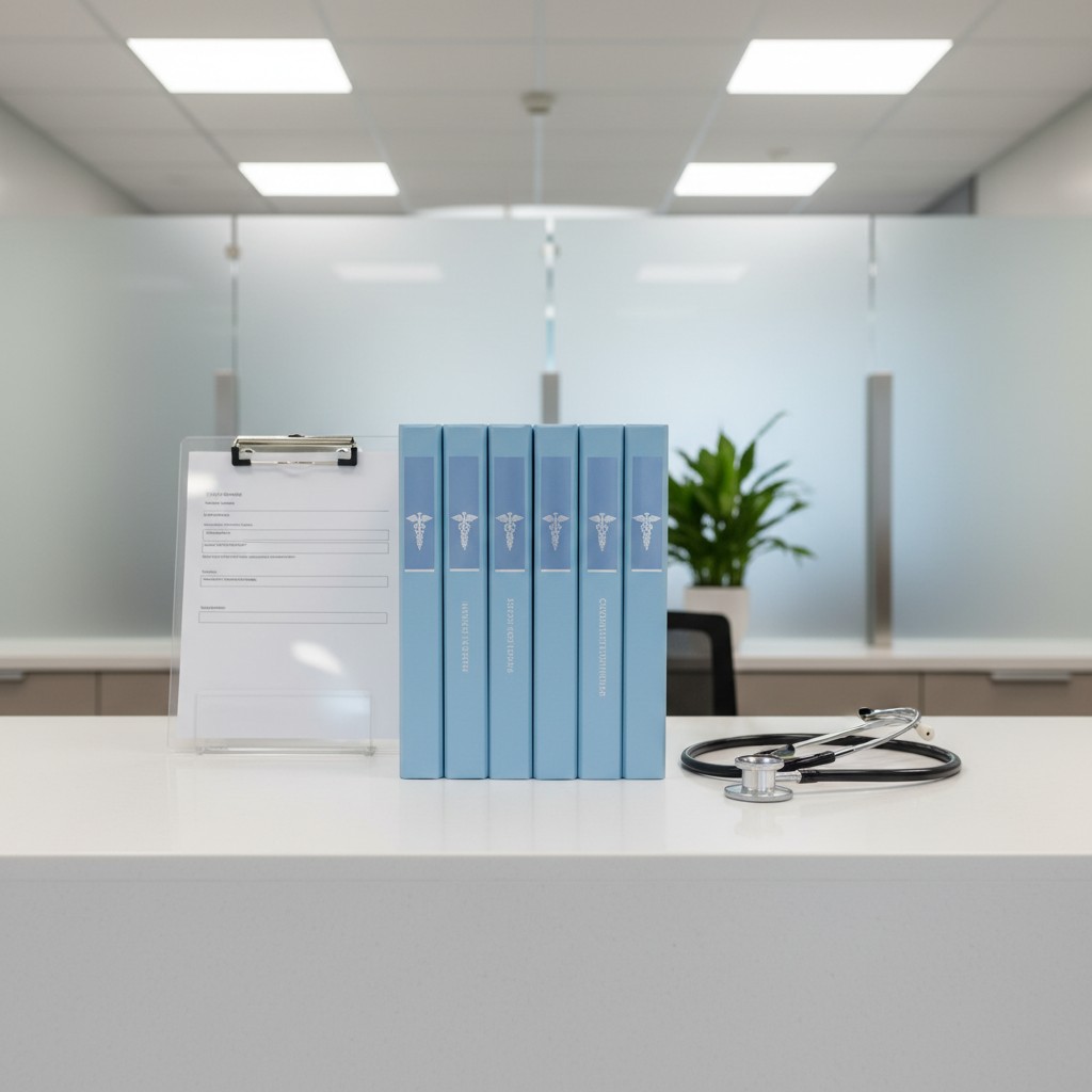 Stacked light blue books with a medical symbol embossed on them and a clipboard on a white counter.