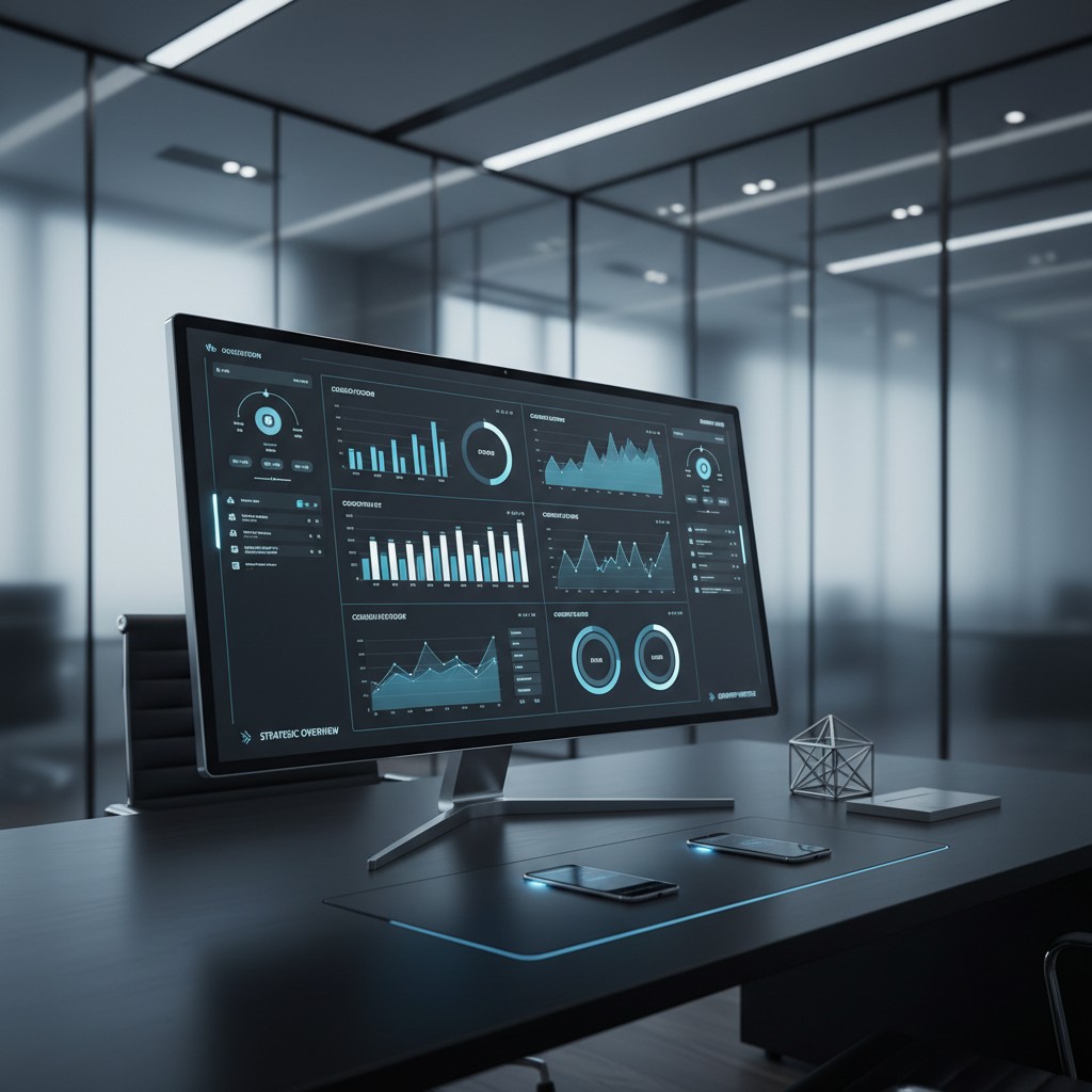 the workspace features a computer screen displaying various graphs and data on a desk with a mouse pad and smartphones, si...