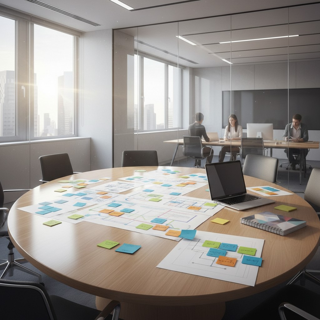 An empty conference room with a large, round table in the foreground featuring a laptop, notebooks, and a large piece of p...